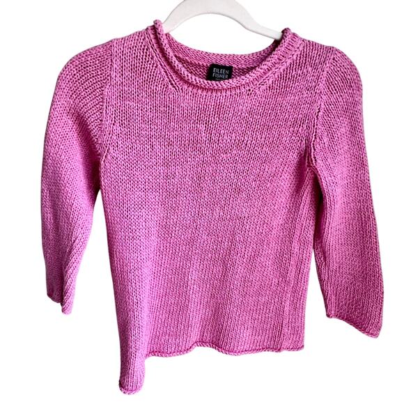 Eileen Fisher Sweaters - Eileen Fisher Pink Roll Neck Pullover Knit Sweater 3/4 Sleeve Cotton Linen Blend